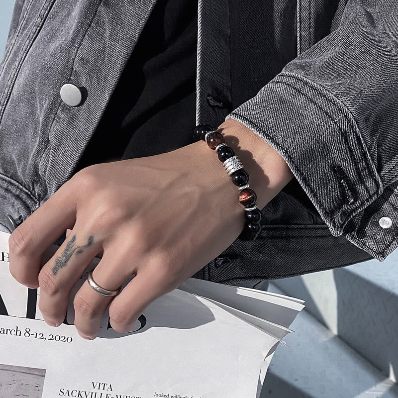 Fortune Jewel Natural Black Obsidian Tiger Eye Strength Fulfillment Bracelet