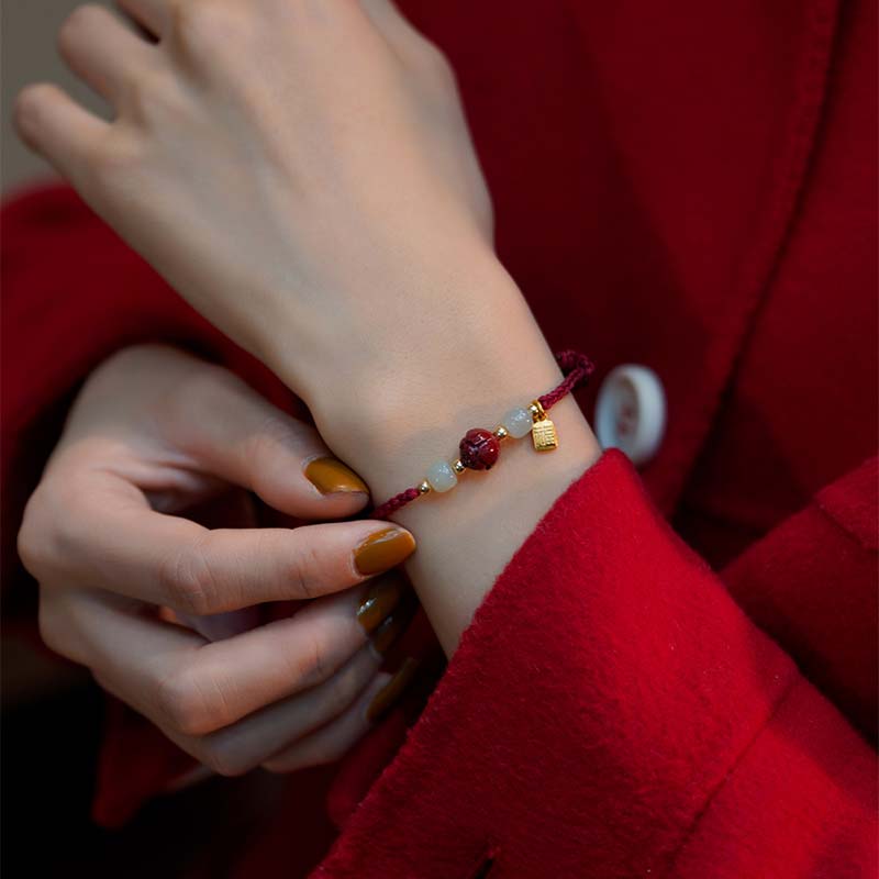 Fortune Jewel Cinnabar Jade Lotus Calm Red String Weave Bracelet
