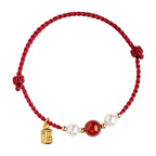 Fortune Jewel 925 Sterling Silver Good Fortune Fu Character Agate Pearl Red String Braid Bracelet