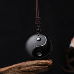Fortune Jewel Black Obsidian Taoism Five Sacred Mountains Nine-Character Mantra Carved Purification Yin Yang Necklace Pendant