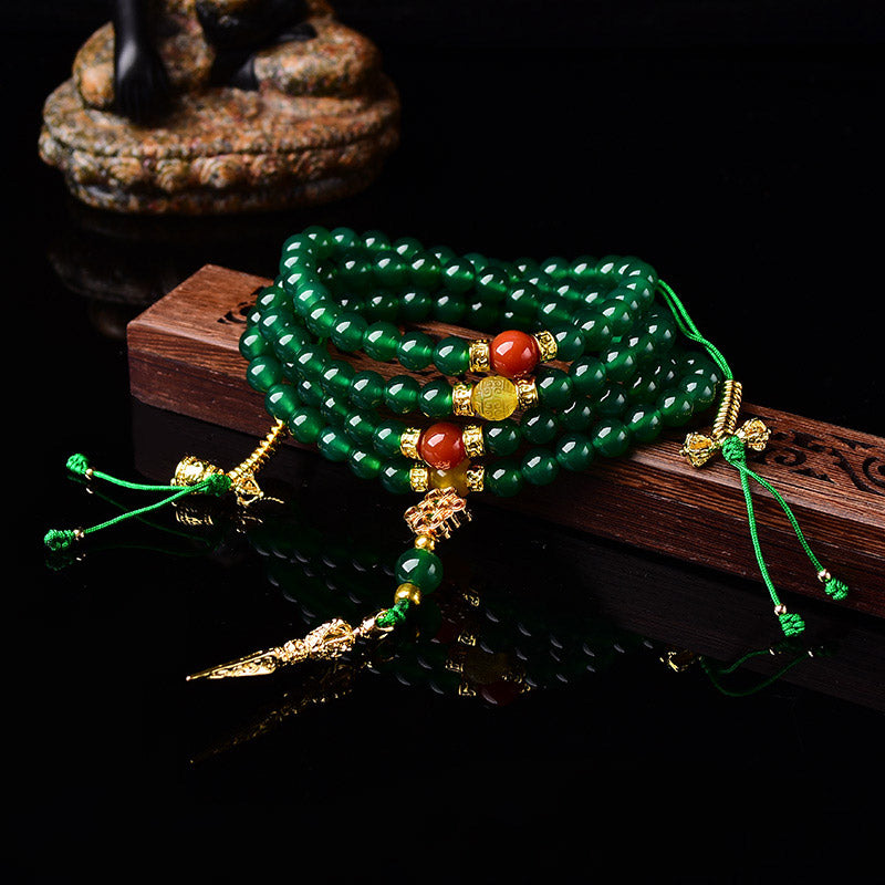 Fortune Jewel 108 Beads Natural Green Agate Success Bracelet Mala