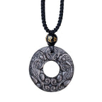 Fortune Jewel Natural Silver Sheen Obsidian Double PiXiu Copper Coin Peace Buckle Protection Necklace Pendant