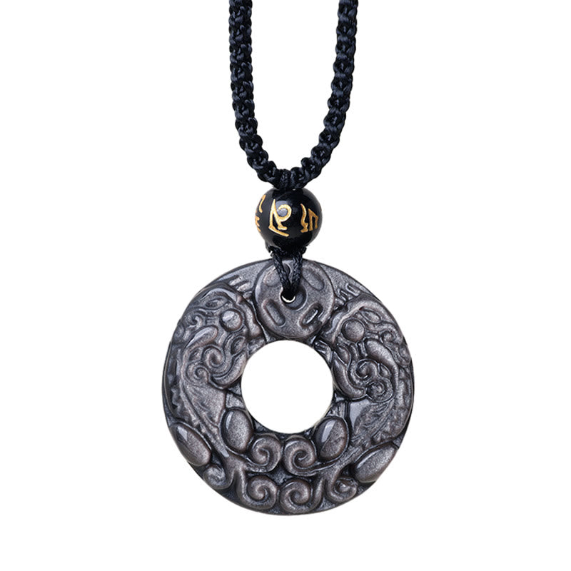Fortune Jewel Natural Silver Sheen Obsidian Double PiXiu Copper Coin Peace Buckle Protection Necklace Pendant