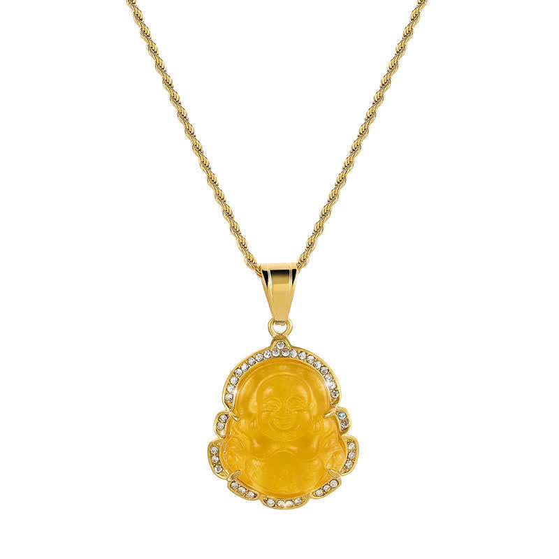 Fortune Jewel 18K Gold Filled Laughing Buddha Jade Luck Necklace Chain Pendant Fortune Jewel