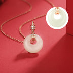 Fortune Jewel 925 Sterling Silver Hetian White Jade Coin Flower Peace Buckle Luck Necklace Pendant