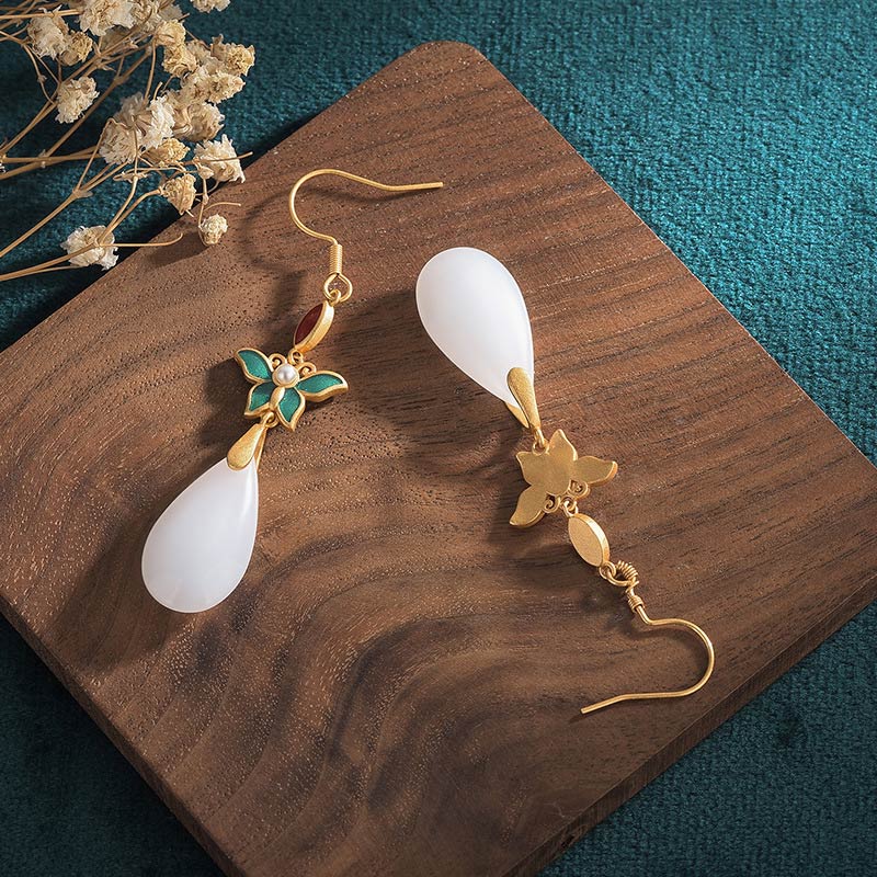 Fortune Jewel FengShui White Jade Luck Drop Earrings
