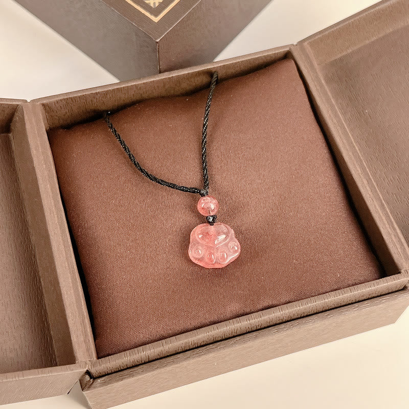 Fortune Jewel Strawberry Quartz Lovely Cat Paw Claw Healing Necklace Pendant