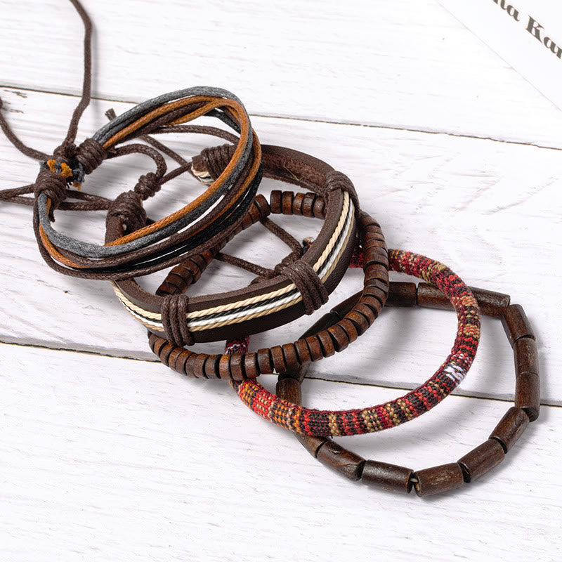 Fortune Jewel Wrap Hemp Cords Wood Beads Leather Bracelet
