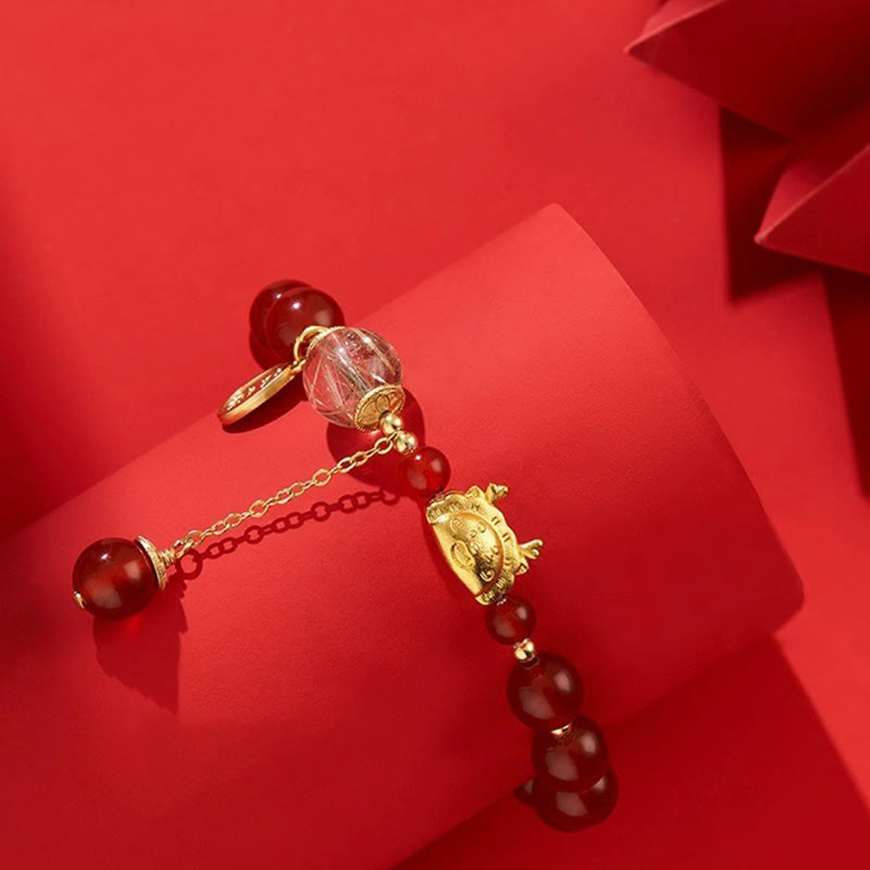 Fortune Jewel Year of the Dragon Dumpling Natural Red Agate Garnet Hetian Jade Fu Character Luck Success Bracelet