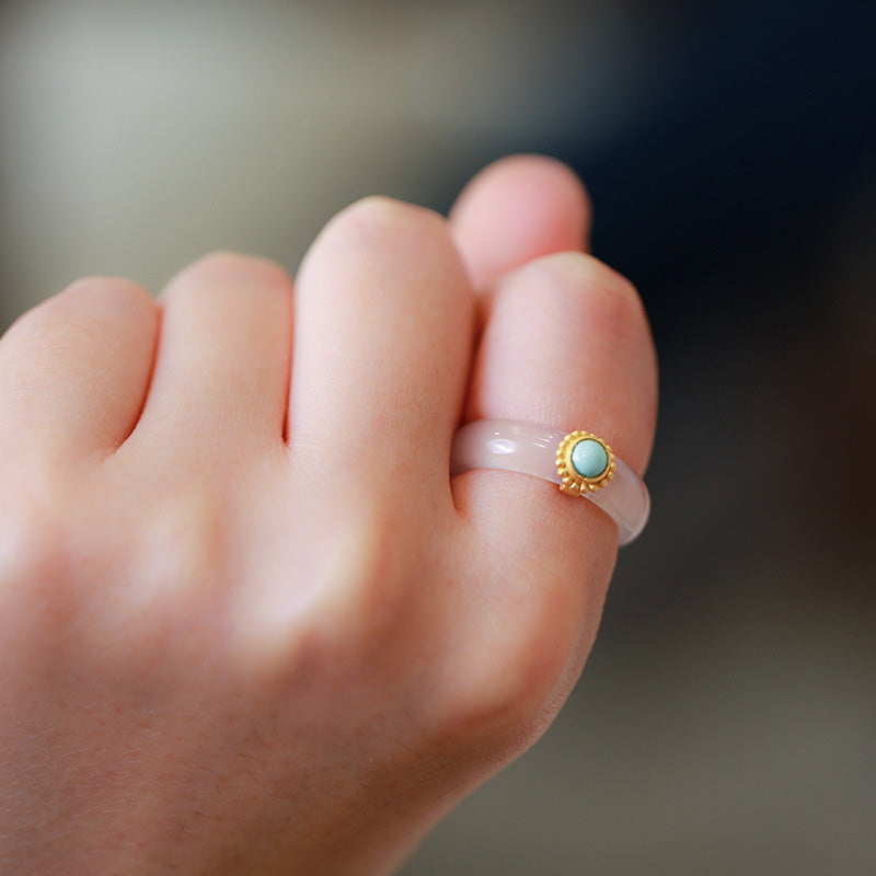 Fortune Jewel White Agate Cyan Jade Turquoise Red Agate Luck Protection Ring