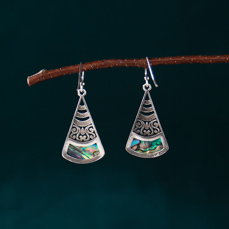 Fortune Jewel Copper Tridacna Stone Hollow Pattern Blessing Drop Earrings