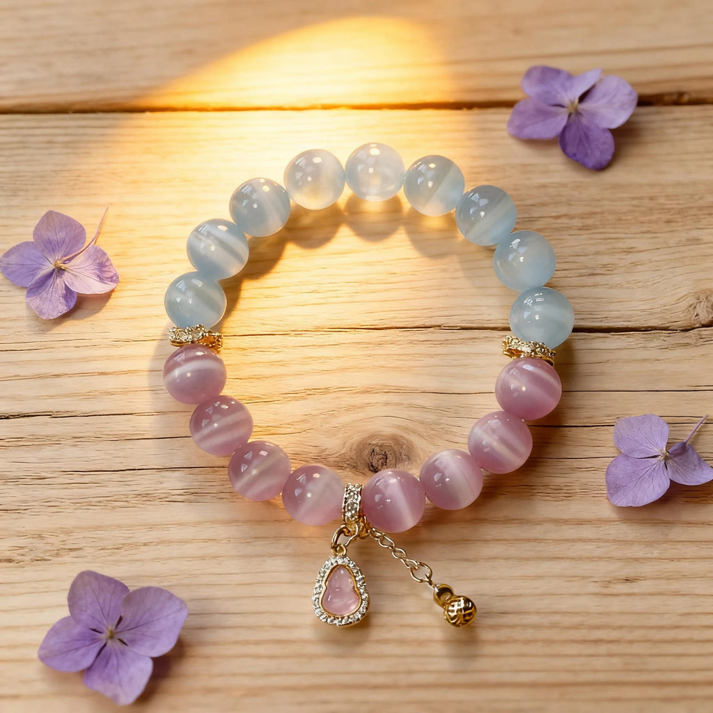 White & Pink Cat Eye Crystal Bracelet with Gourd Charm – Personalized Handmade Energy Beads