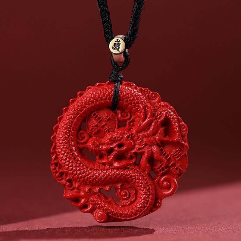 Fortune Jewel Year of the Dragon 925 Sterling Silver Natural Cinnabar Copper Coin Luck Necklace Pendant