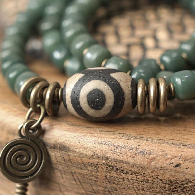 Fortune Jewel Cyan Bodhi Seed Dzi Bead Wisdom Peace Triple Wrap Bracelet