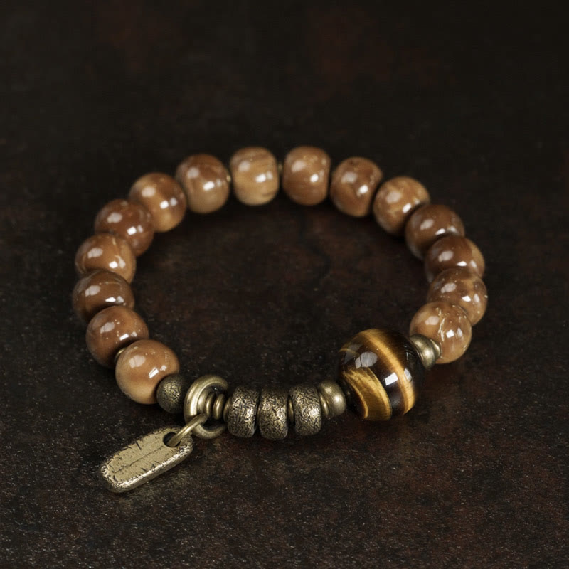 Fortune Jewel Kuka Seed Tiger Eye Gold Sheen Obsidian Brass Copper Wealth Luck Bracelet