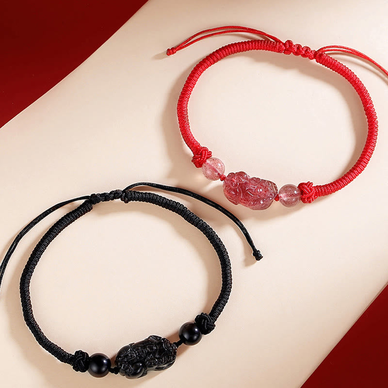 Fortune Jewel Handmade Natural Silver Sheen Obsidian Strawberry Quartz PiXiu Protection Braided Bracelet