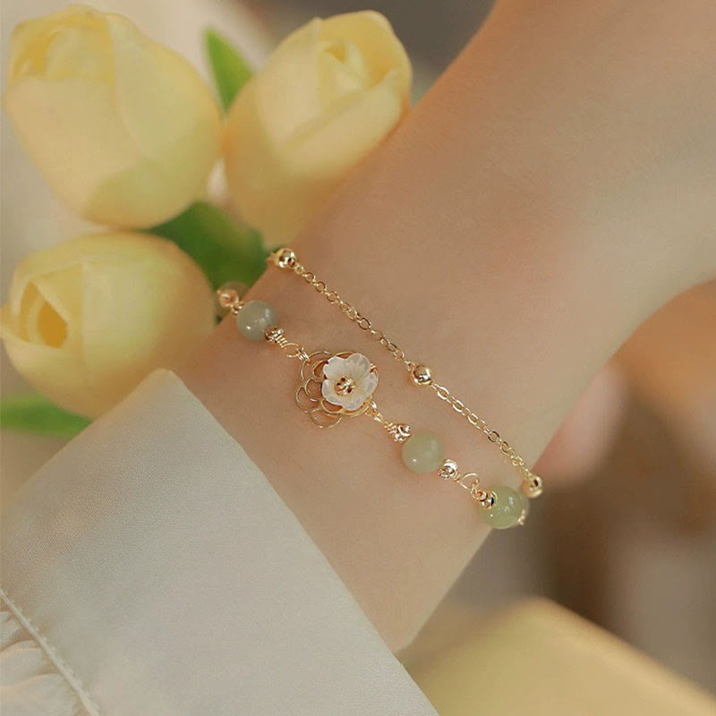 Fortune Jewel 14K Gold Plated Jade Butterfly Tridacna Stone Flower Double Layer Luck Bracelet