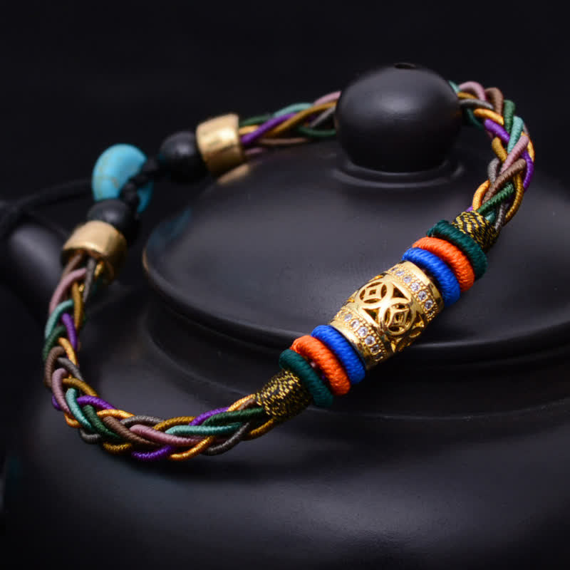 Fortune Jewel Tibetan Handmade Eight Thread Knot Copper Coin Luck Weave String Bracelet