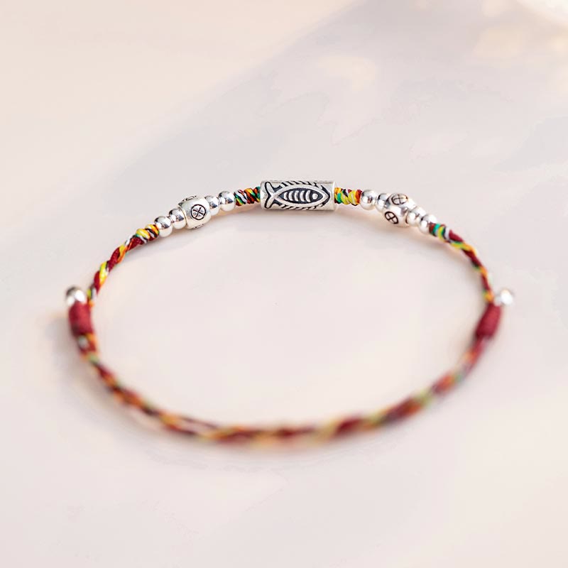 Fortune Jewel 925 Sterling Silver Luck Koi Fish Braided Colorful String Bracelet Anklet