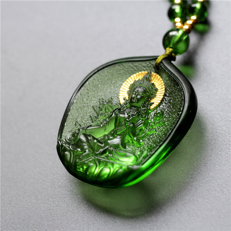 Fortune Jewel Tibetan Green Tara Buddha Gold Plated Liuli Crystal Protection Necklace Pendant Fortune Jewel