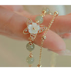Fortune Jewel 14K Gold Plated Jade Butterfly Tridacna Stone Flower Double Layer Luck Bracelet