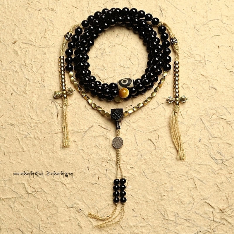 Fortune Jewel Tibetan 108 Mala Beads Black Onyx Three-eyed Dzi Beads Protection Bracelet