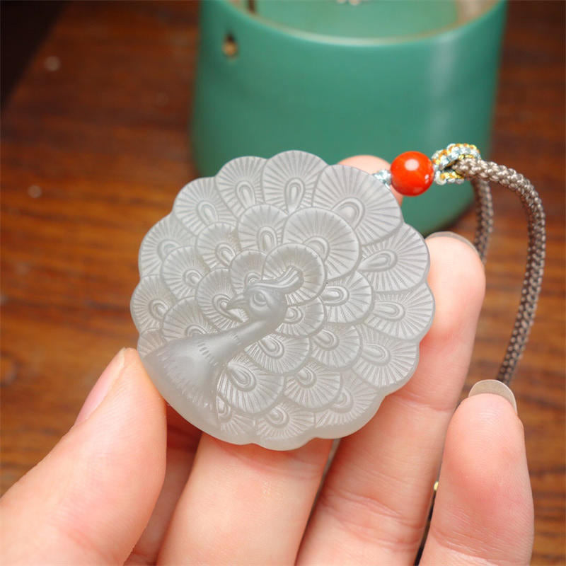 Fortune Jewel White Jade Peacock Protection Blessing Necklace Pendant