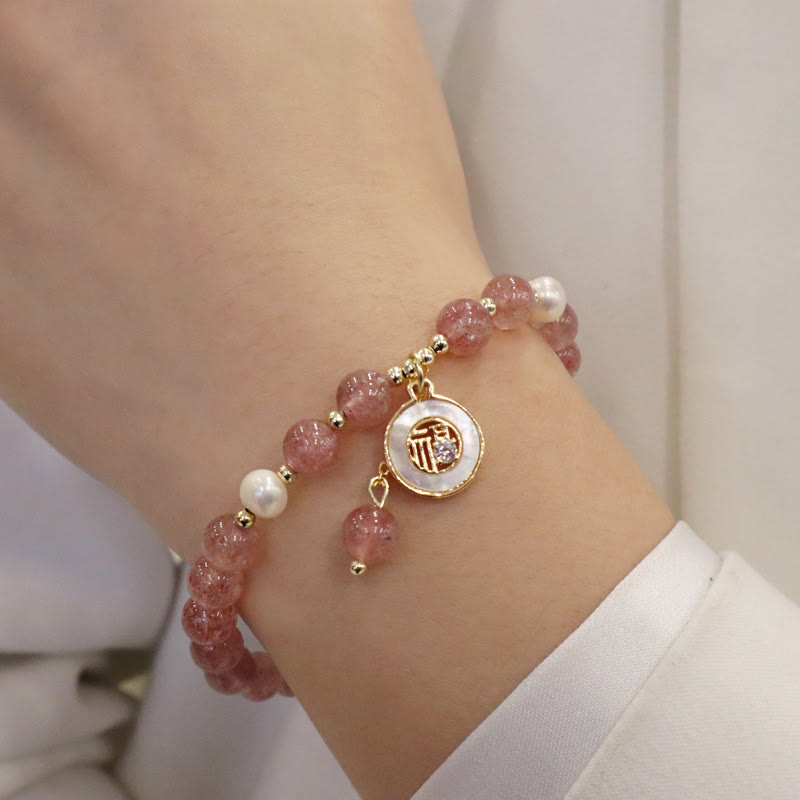 Fortune Jewel Strawberry Quartz Pearl Elk Smiley Face Fishtail Fu Character Charm Healing Bracelet
