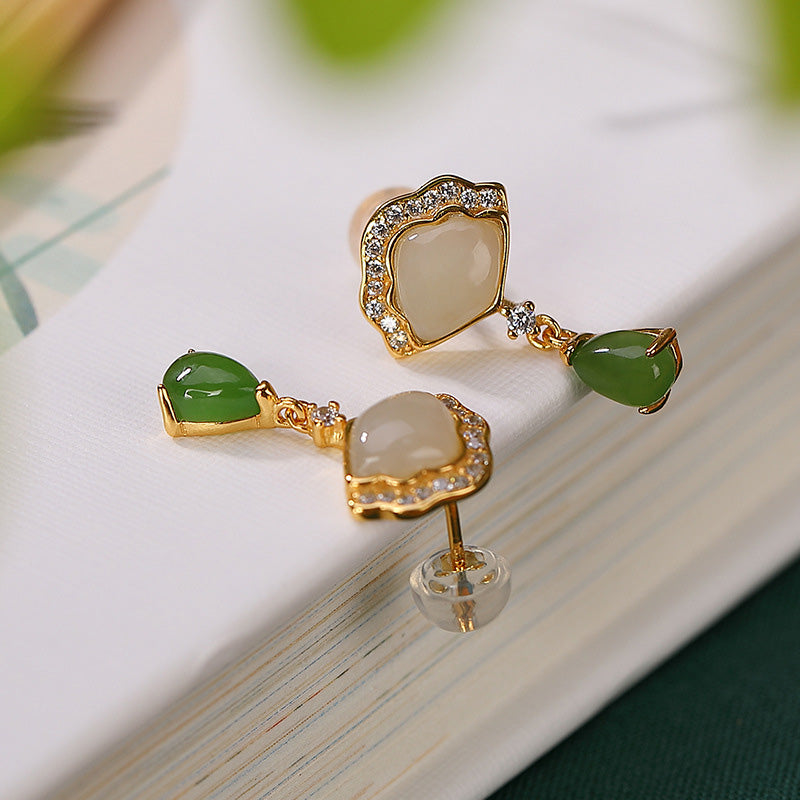 Fortune Jewel White Jade Cyan Jade Fan Water Drop Pattern Luck Drop Earrings