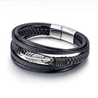 Fortune Jewel Feather Pattern Multilayer Leather Titanium Steel Calm Braided Magnetic Buckle Bracelet