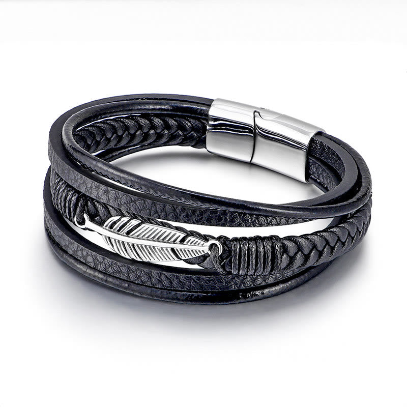 Fortune Jewel Feather Pattern Multilayer Leather Titanium Steel Calm Braided Magnetic Buckle Bracelet