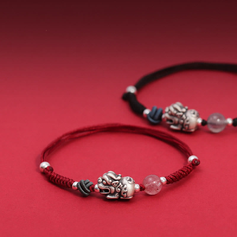 Fortune Jewel 999 Sterling Silver PiXiu Strawberry Quartz Bead Wealth Luck Braided Bracelet