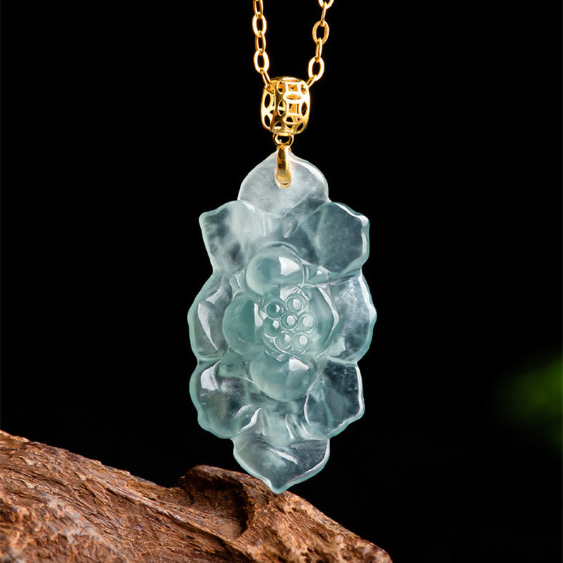 Fortune Jewel Natural Jade Lotus Pattern Prosperity Titanium Steel Chain Necklace Pendant Fortune Jewel