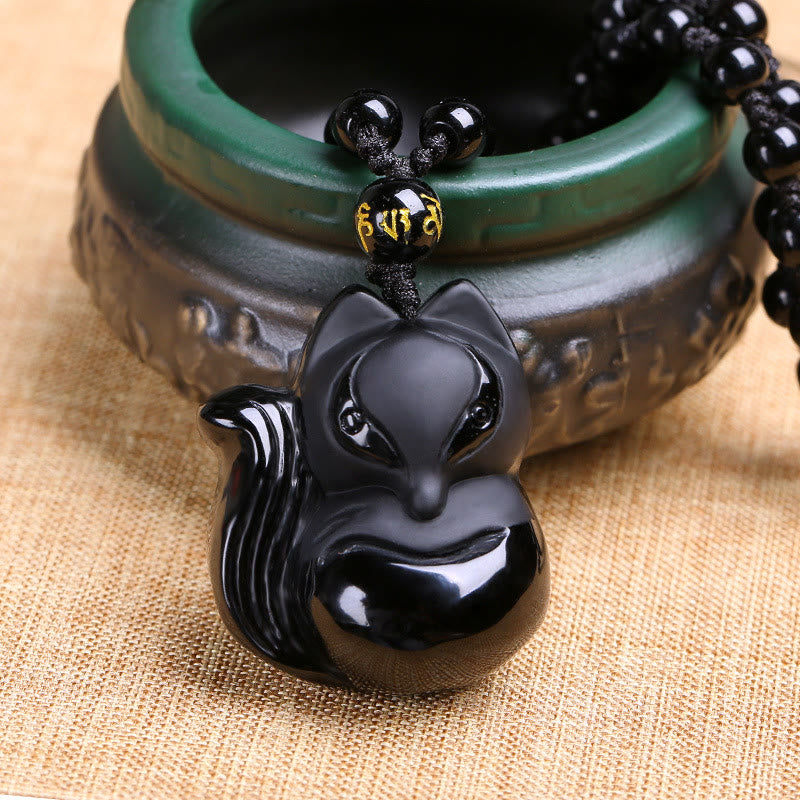 Fortune Jewel Natural Black Obsidian Tiger Eye Ice Obsidian Fox Pendant Amulet Necklace