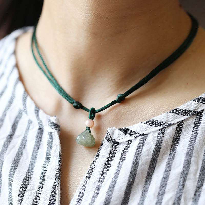 Fortune Jewel Natural Round Jade Peace Buckle Lotus Abundance String Necklace Pendant Fortune Jewel