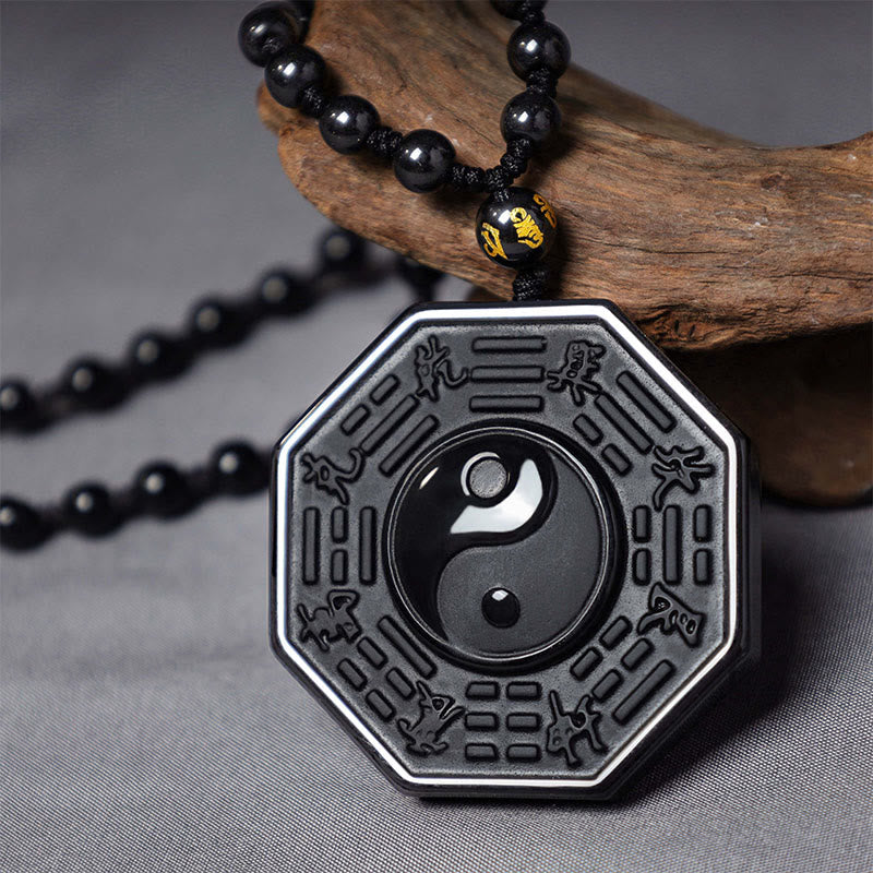 Fortune Jewel Black Obsidian Stone Yin Yang Pendant Necklace
