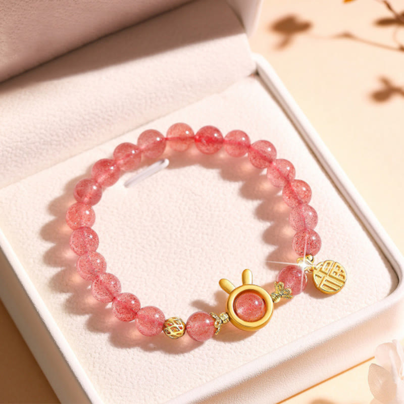 Fortune Jewel Strawberry Quartz Fu Character Pink Crystal Healing Bracelet