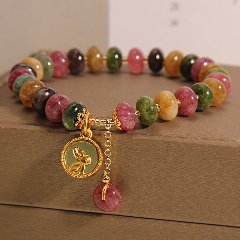 Fortune Jewel Natural Colorful Tourmaline Cute Rabbit Charm Positive Bracelet