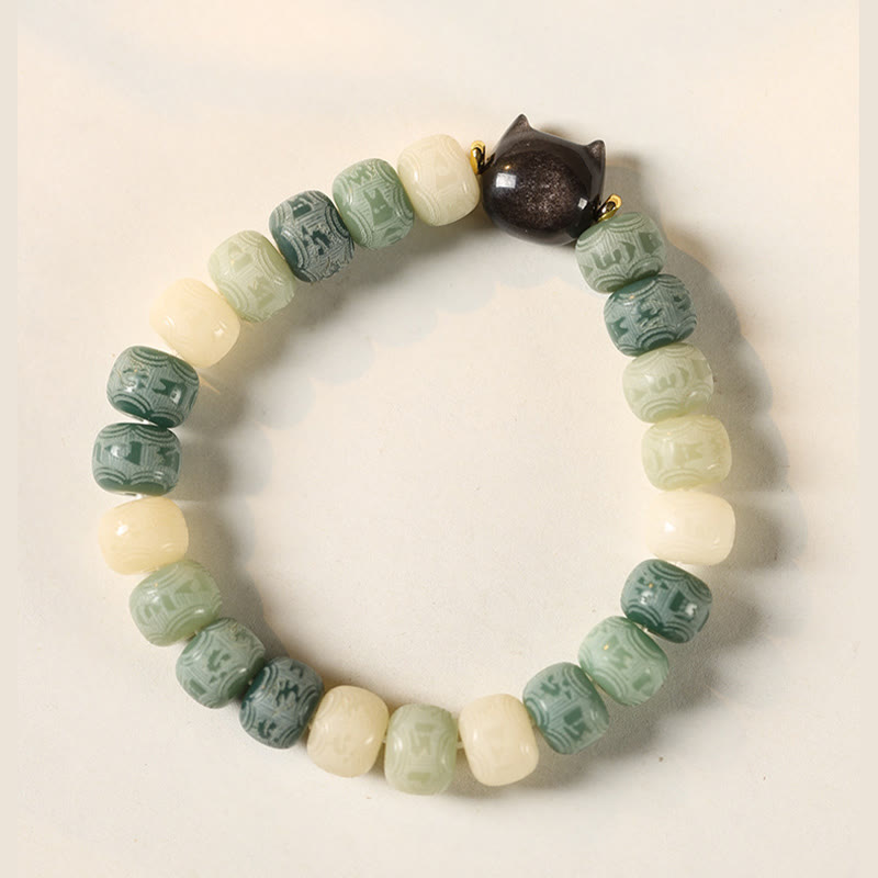 Fortune Jewel Bodhi Seed Silver Sheen Obsidian Cat Head Om Mani Padme Hum Engraved Harmony Bracelet