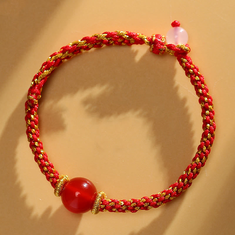 Fortune Jewel Handmade Red Agate Amethyst Golden Rutilated Quartz Pink Crystal Bead Calm Braided Bracelet