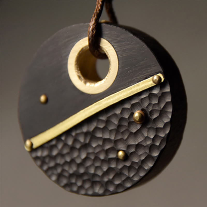 Fortune Jewel Handcrafted Round Ebony Wood Brass Copper Peace Necklace Pendant