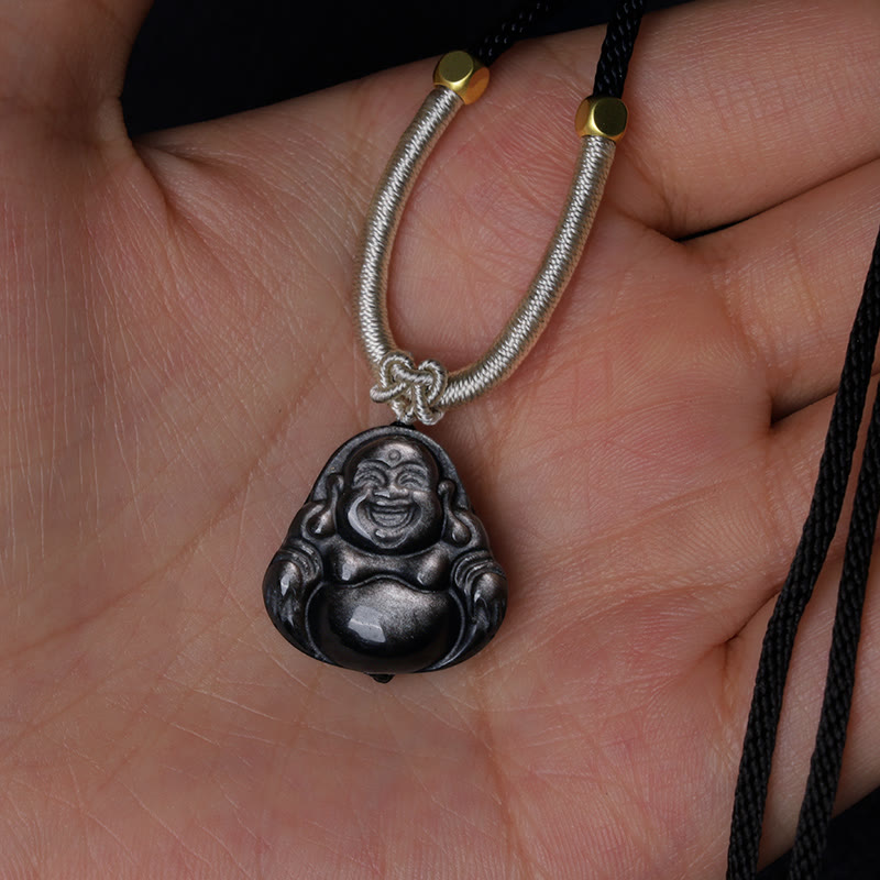 Fortune Jewel Natural Silver Sheen Obsidian Laughing Buddha Protection Necklace Pendant
