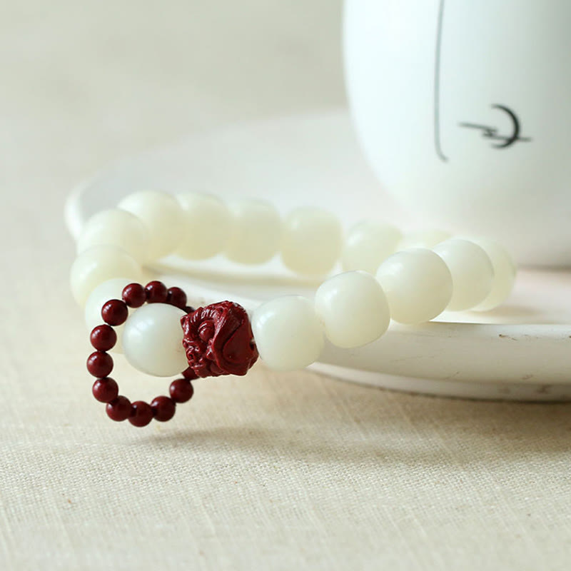 Fortune Jewel Natural Bodhi Seed Cinnabar Dancing Lion Charm Wisdom Harmony Wrist Mala