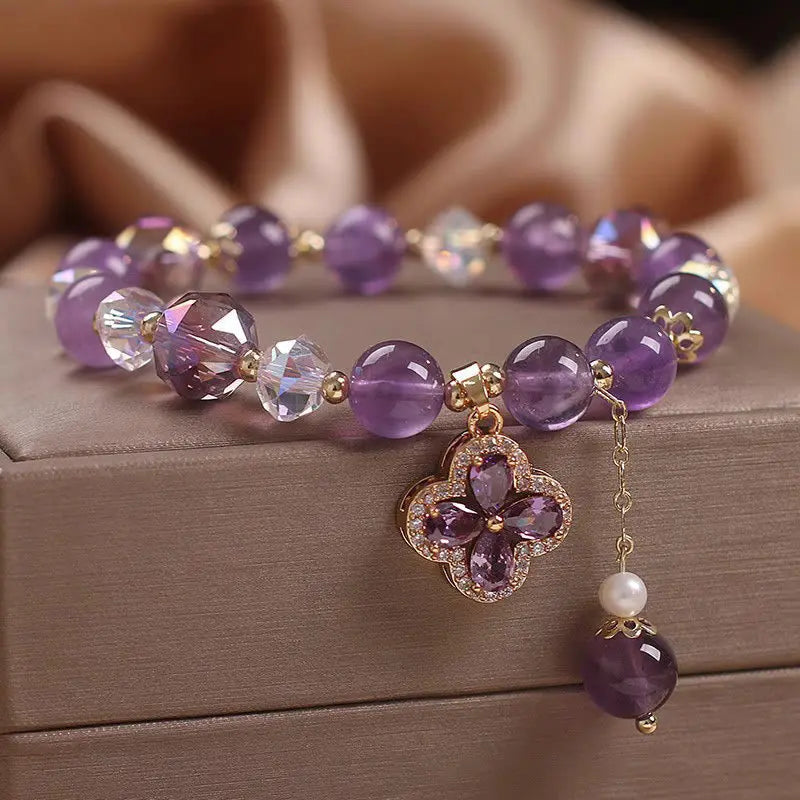 Buddha Stones "All the best for Calm and Wisdom" Amethyst Flower Bracelet Includes Gift Message Card Fortune Jewel