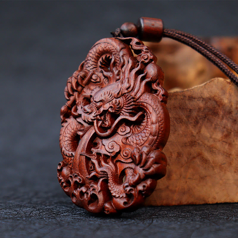 Fortune Jewel Lightning Struck Jujube Wood Double Dragon Relief Ward Off Evil Spirits Necklace Pendant