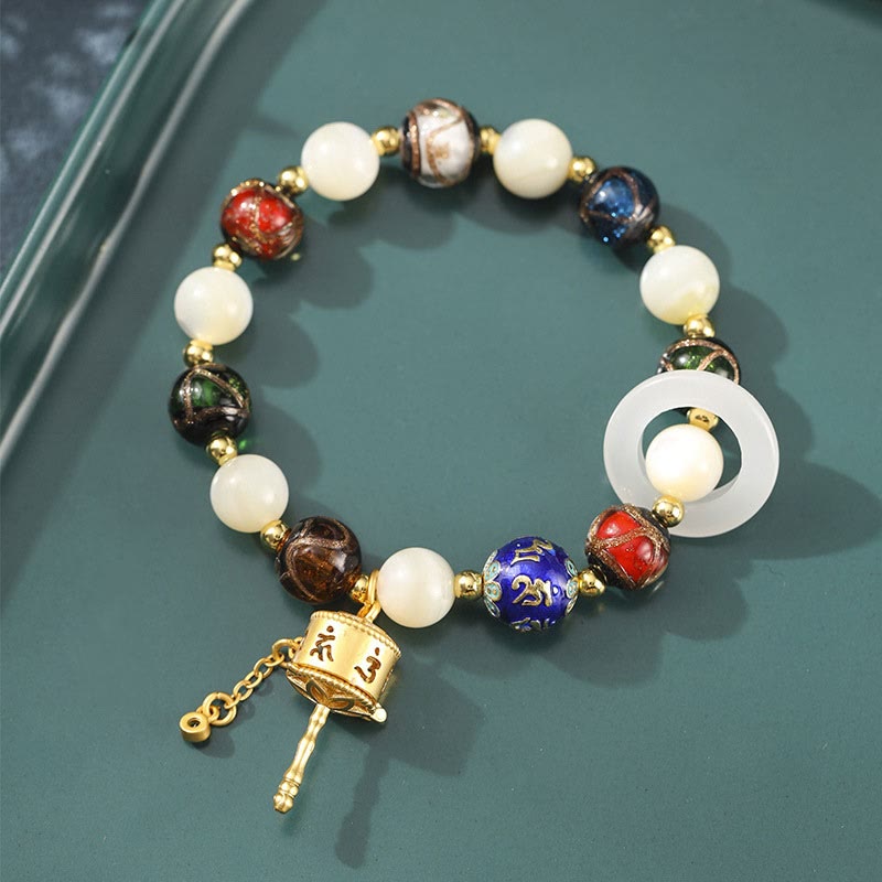 Fortune Jewel Tibetan Incense Ash Liuli Glass Tridacna Stone Sun Stone Om Mani Padme Hum Prayer Wheel Charm Bracelet