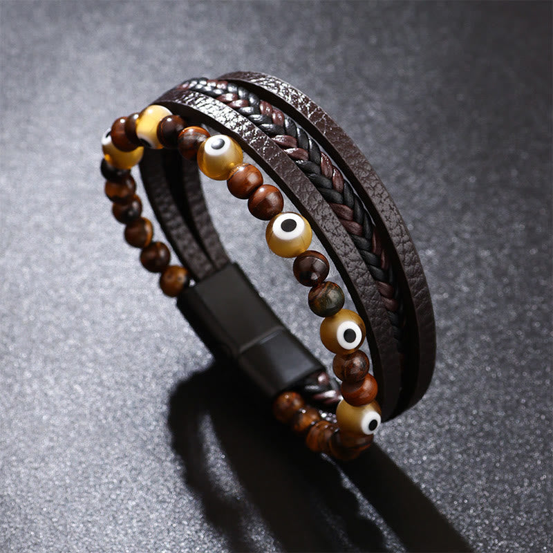 Fortune Jewel Evil Eye Tiger Eye Protection Beaded Multilayered Braided Bracelet