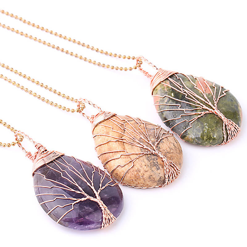 Fortune Jewel Natural Quartz Crystal Tree Of Life Healing Energy Necklace Pendant