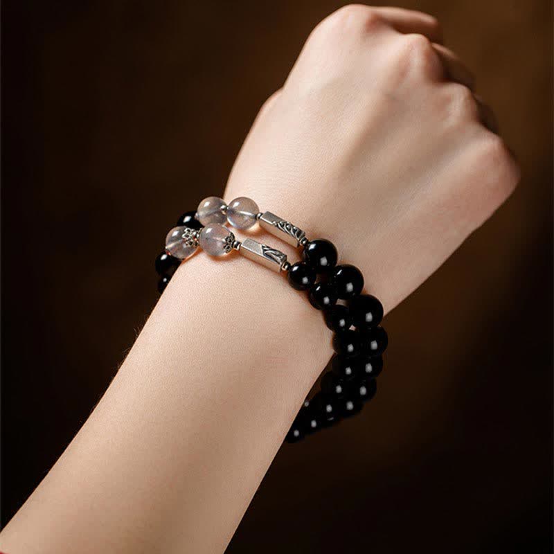 Fortune Jewel 925 Sterling Silver Obsidian Moonstone Strength Couple Bracelet