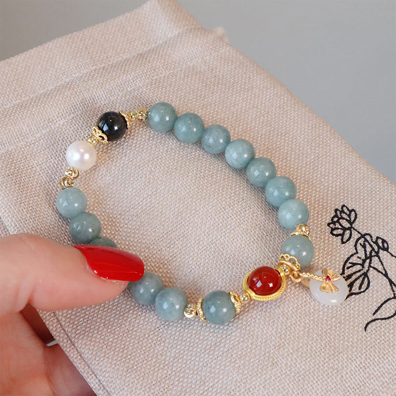 Fortune Jewel Natural Jade Red Agate Pearl Bow Tie Luck Bracelet